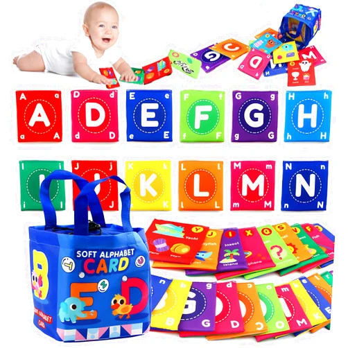 VUCHEET Early Childhood Enlightenment Book, Soft Alphabet Cards, Cloth Alphabet Tiles, Creative Soft Alphabet Flash Cards, Alphabet Cloth Tiles for Toddlers Kids Boys Girls over 0 Years, Washable (Blue, 1Set)