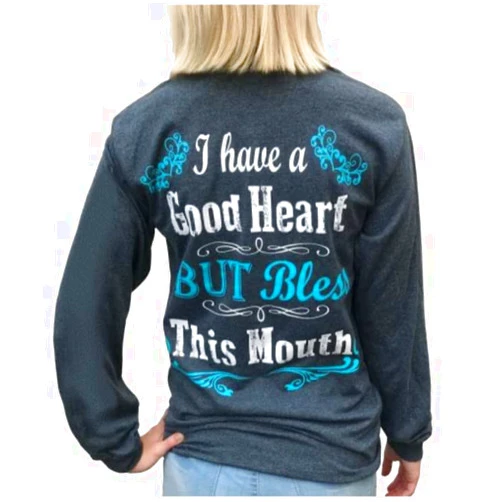 Southern Attitude I Have a Good Heart But Bless This Mouth Heather Gray Long Sleeve Women's Shirt