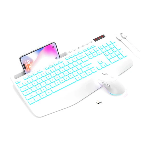 Trueque Wireless Keyboard and Mouse Combo - 7Color Backlit, Wrist Rest, Rechargeable, Silent Light Up Keys, Ergonomic Full Size with Phone Holder for Windows, Mac, PC, Laptop, PC - Trueque (White)
