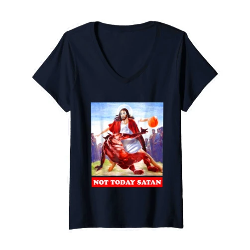 Not Today Satan Jesus Womens Funny Vintage Jesus vs Satan Basketball - Not Today Satan V-Neck T-Shirt