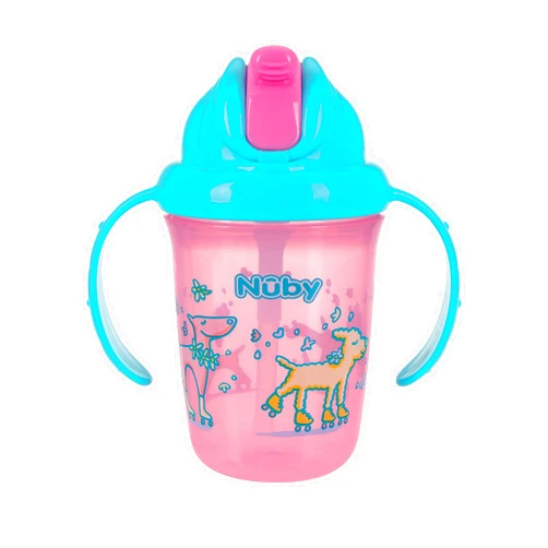 Nuby 2-Handle No-Spill Flip-it Fat Straw Printed Cup - 8oz/ 240 ml, 12+ Months, 1pk roller skating puppies print