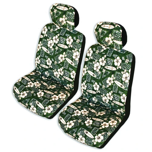 Winnie Fashion 2 Hawaiian Car Seat Covers w/ 2 Headrest Covers (Hibiscus Surf Green, Regular No Customization)