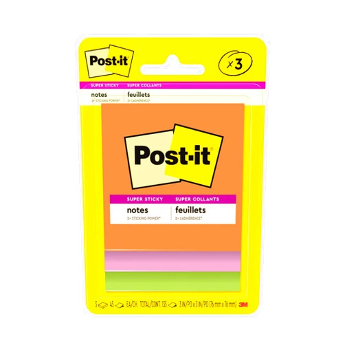 Post-it Super Sticky Notes, 3 Sticky Note Pads, 3 x 3 in., School Supplies for Students, Ideal for Textbooks, Notebooks, Walls and Vertical Surfaces, Energy Boost Collection
