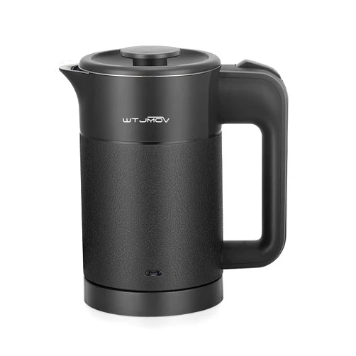 WTJMOV 0.6L Small Electric Tea Kettle Lightweight, 20 Ounce Double Wall Hot Water Boiler Stainless Steel Auto Shut-off, 120V Portable Travel Electric Kettle Fast Boil for Tea and Coffee, Black