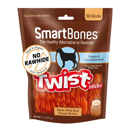 SmartBones Smart Twist Sticks With Peanut Butter, Rawhide-Free Chews For Dogs, 50 Count