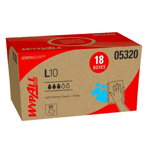 WypAll® GeneralClean™ L10 Light Cleaning Towels (05320), Pop-Up Box, Limited Use Towels, White (125 Sheets/Box, 18 Boxes/Case, 2,250 Sheets/Case)