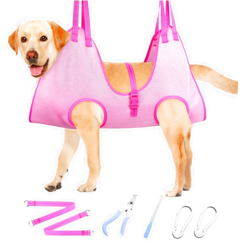 Weesiber Dog Grooming Hammock - Double-Layer Mesh Pet Grooming Sling, Cat Grooming Hammock, Dog Hanger for Nail Trimming with Nail Clippers/Nail Trimmers(Pink, Large)