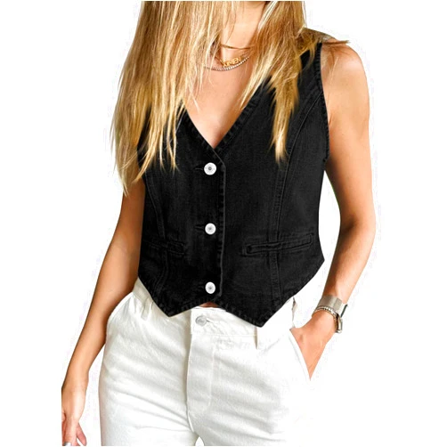Imily Bela Womens Denim Vest Sleeveless V Neck Button Down Jean Waistcoat Jacket Y2K Summer Crop Tops