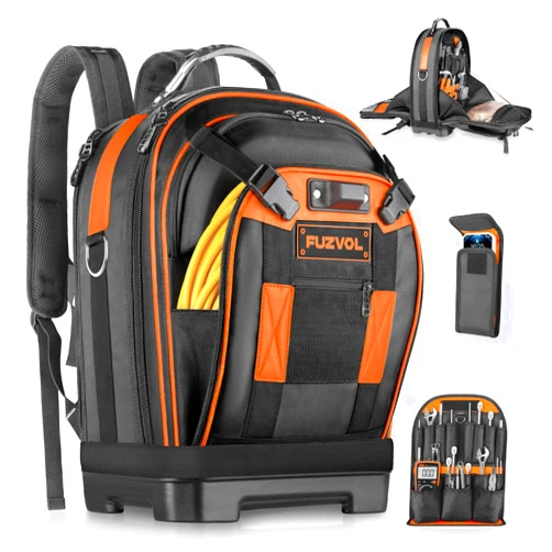 FUZVOL Tool Backpack with Laptop Compartment, Full-Open Tool Bag, Hvac Tool Bags, Heavy Duty Electrician/Construction/Carpentry Work Backpack for Men With Removable Tool Organizer and Phone Pocket, Orange