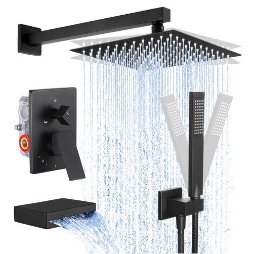 KES Shower System with Tub Spout, Matte Black Shower Faucet Set Complete 10 Inch Rain Shower Head with Handheld Spray and Waterfall Bathtub, cUPC Pressure Balance Shower Valve Trim Kit, XB6305F18-BK
