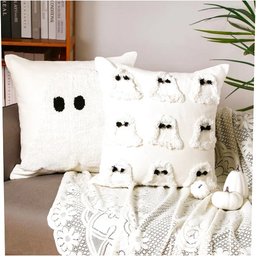 Beeveer 2 Pcs Halloween Pillow Covers Halloween Decorations 18 x 18 Inch Ghost Throw Pillow Covers Decorative Pillowcase Holiday Farmhouse Cushion Cover Square Couch Case for Sofa Bed Home Outdoor