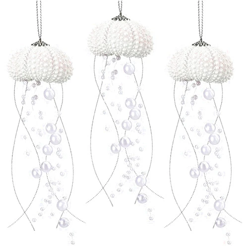 Namalu 3 Pcs Sea Urchin Jellyfish Christmas Ornament Coastal Beaded Beach Theme Holiday Decor Ocean Inspired Hanging Jellyfish Decoration with Crystal and Ribbon (White)