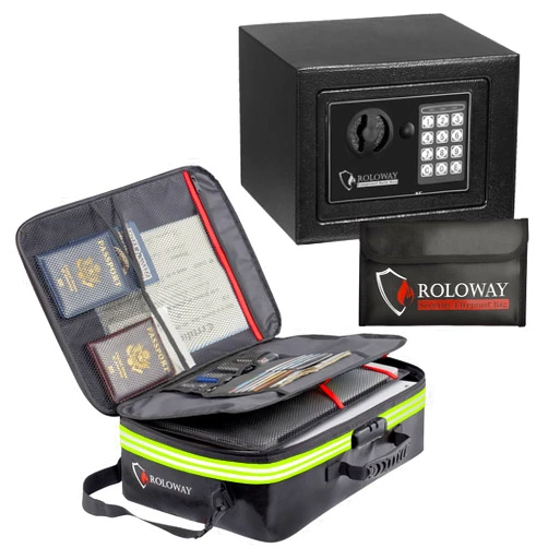 ROLOWAY Small Safe Box (Black Panel) with Fireproof Money Bag & Fireproof Document Bag with Combination Lock