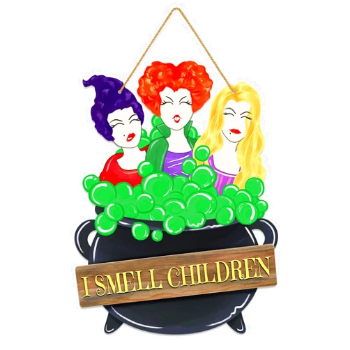 Sionoiur Halloween Decorations Hocus Pocus I Smell Children Hanging Sign Front Door Hanger Wreath Decor Indoor Outdoor Yard Wall Decor Horror Witch Wooden Door Sign for Halloween Party Supplies