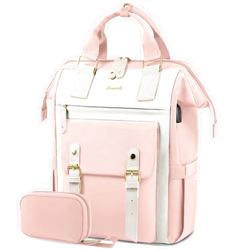 LOVEVOOK Laptop Backpack Purse For Women, Work Travel Backpack, Nurse Teacher Doctor Business Laptop Bag, Fashion College Backpack, Waterproof Wide Open Computer Back pack, 15.6 Inch, Pink-Beige