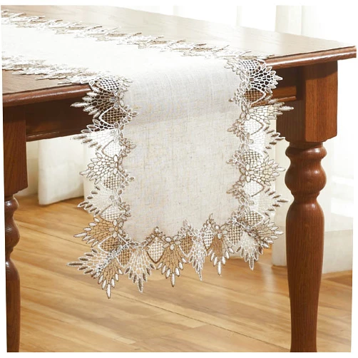 Raedan Natural Linen Table Runner 36 inches Neutral Earth Tones Beige Lace Coffee Table Runners Dresser Scarf for Spring Easter Summer Kitchen Wedding Party, Machine Washable