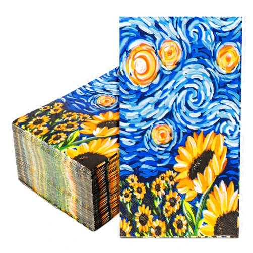 Whaline 100Pcs Starry Night Sky Guest Napkins Abstract Sunflower Disposable Napkins Van Gogh Dinner Hand Towel Paper Napkins For Bathroom Summer Birthday Party Table Supplies