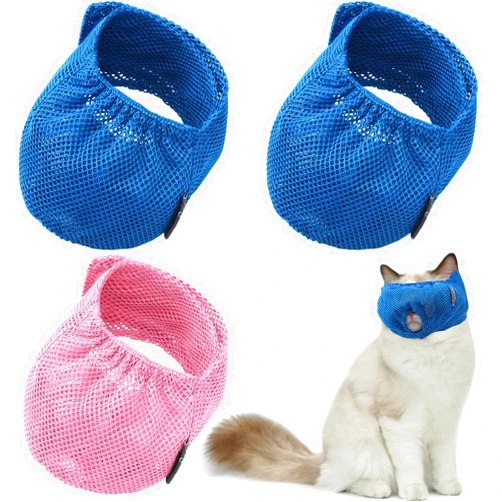 Weewooday 3 Pieces Cat Muzzles Breathable Mesh Muzzles Cat Grooming Restraint Bags with Muzzle Anti Bite Anti Meow for Prevent Cats from Biting (Blue, Pink)
