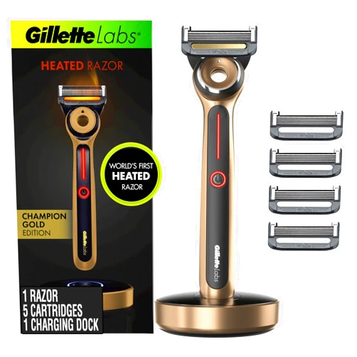 Gillette Labs Heated Razor Gold Edition - 1 Handle, 5 Blade Refills, 1 Charging Dock