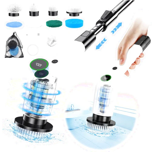 PUFTEM Electric Spin Scrubber, Cordless Shower Scrubber with 8 Scrub Brush, 2 Speed with Adjustable Extension Handle, Battery Level Display, Power Scrubber for Bathroom Bathtub Tile Floor (Black)