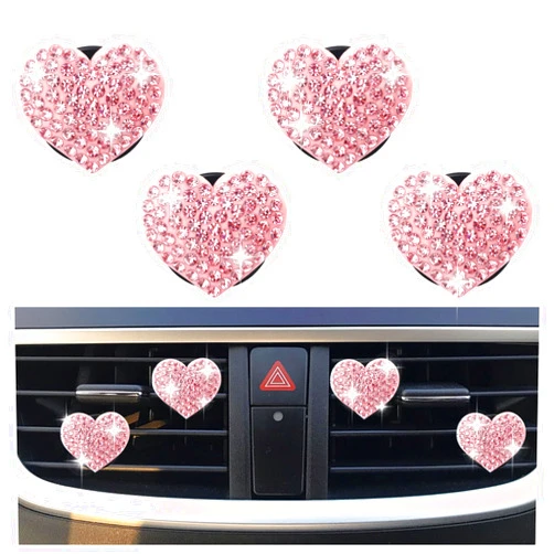 Carleef 4PCS Heart-Shaped Car Vent Clips with Rhinestone,Bling Air Vent Clips Car Decorations,Premium Shiny Car Clips for Vents CCar Accessories Interior for Cars,Trucks,SUVs (Pink)