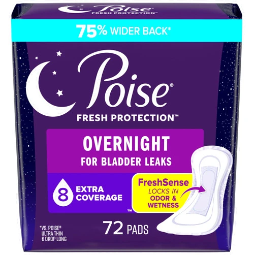 Poise Incontinence Pads & Postpartum Overnight Incontinence Pads, 8 Drop Extra Coverage, 72 Count (2 Packs of 36), Packaging May Vary