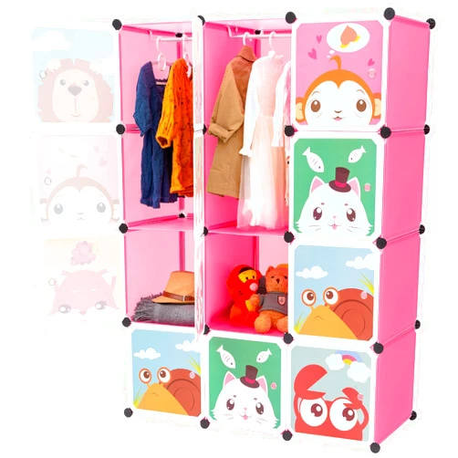 BRIAN & DANY Baby Closet Organizer, Kid Clothes Storage with Cartoon Pattern, Portable Child Wardrobe Deeper Cube for Larger Capacity, 12 Cube, Pink