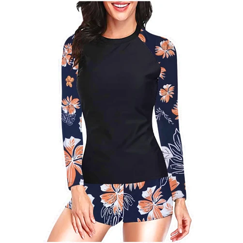 XUNRYAN Women Two Piece Rash Guard Swimsuits Long Sleeve Tops UV UPF 50+ Swim Shirt Bathing Suit with Boyshort Bottom