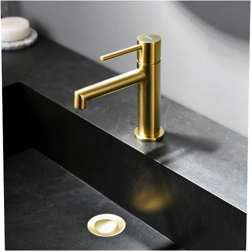 Indare Single Hole Brass Brushed Gold Bathroom Faucet with Pop-up Sink Drain Assembly and Faucet Supply Hose, Indare Copper Single Handle Lavatory Sink Basin Faucets
