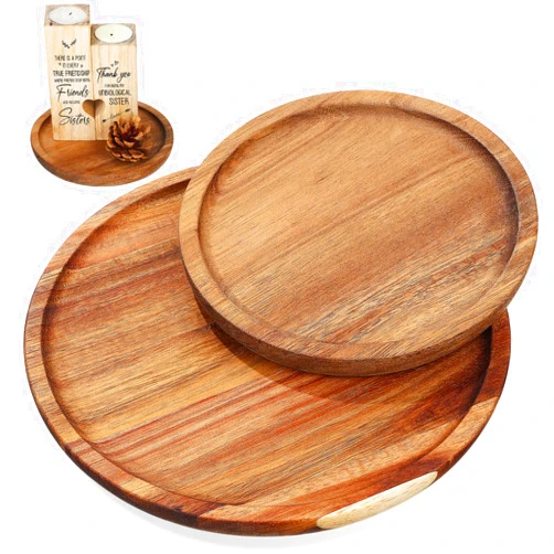 STOBAZA Acacia Wood Decorative Trays for Coffee Table Rustic Wooden Serving Tray Set of 2 Round Wood Tray for Table Centerpiece, Candle Tray, Farmhouse Ottoman Tray for Home Decor (6in+8in)