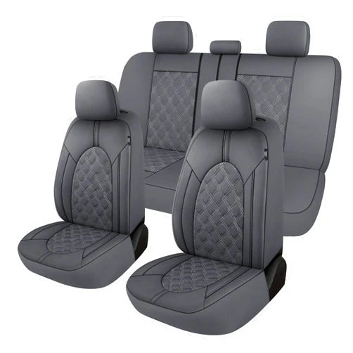 CAROMOP Luxury PU Leather Car Seat Covers Full Set-Waterproof Seat Protectors with Split Bench Seat Covers for Cars-Universal Cars Interior Covers for Sedans, SUVs, Pick-up Trucks(Gray/Gray Line)