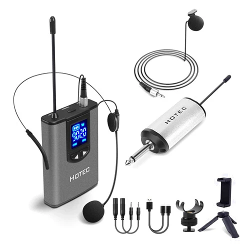 HOTEC UHF Wireless Headset Microphone/Lavalier Lapel Mic with Bodypack Transmitter and Mini Rechargeable Receiver 1/4