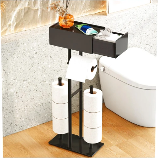 Fokyfok Free Standing Toilet Paper Holder with Shelf,Stand Mega Roll Toilet Paper Holder with Storage,Freestanding Tp Holder with Drawer for Wipes,No Drill,Matte Black,Bathroom