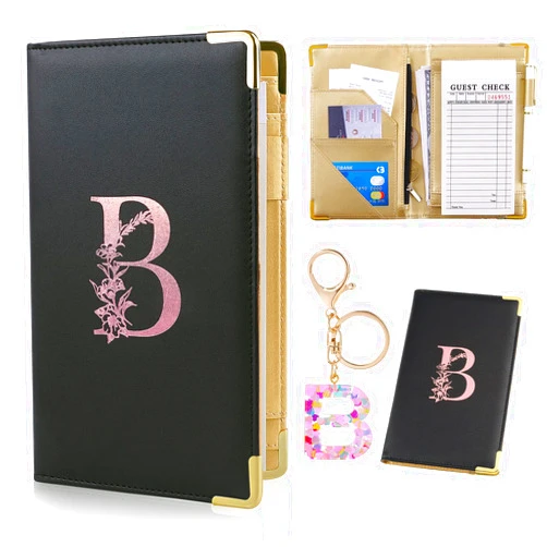 FIODAY Server Book, Alphabet Server Books for Waitress Leather Waitess Book with Zipper Pocket Serving Book with Gift Keychain Cute Server Check Book Fits Server Apron,B