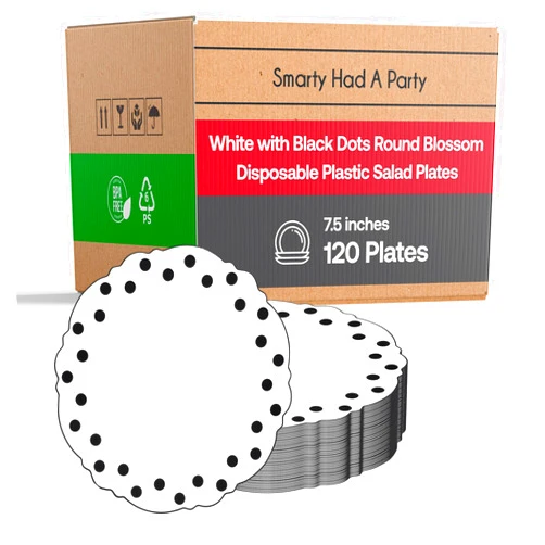 Smarty Had A Party White Plastic Plates, Disposable Dinner Plate with Silver Round Dots Blossom Design, 10.25