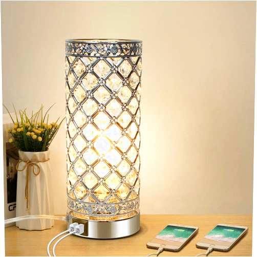 LALISU Modern Crystal Table Lamp, 3 Way Dimmable Touch Control Desk Lamp Wireless Charging, Dual USB Nightstand Lamps, Modern Bedside LED lamp for Bedroom, Living Room, Office (Silver)