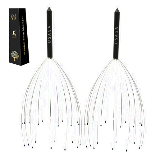 USAGA Head Massager Scalp Massager 20 Fingers Head Scratcher for Head Body Relaxing (Black & Black)