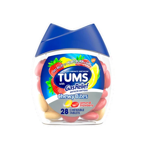 TUMS Chewy Bites Chewable Antacid Tablets with Gas Relief, Lemon & Strawberry -, Assorted Berries 28 Count (Pack of 1) (Packaging May Vary)