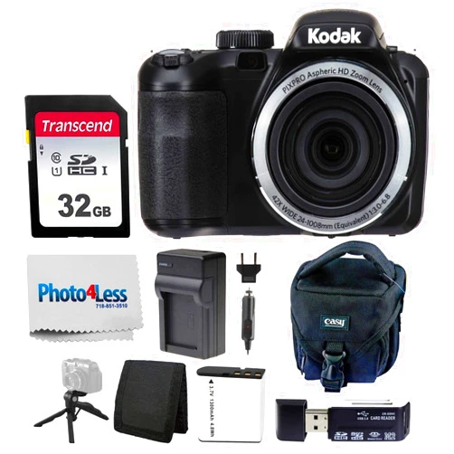 PHOTO4LESS Kodak PIXPRO AZ421 Digital Camera (Black) + Point & Shoot Camera Case + Transcend 32GB SD Memory Card + Extra Battery & Charger + USB Card Reader + Table Tripod + Accessories