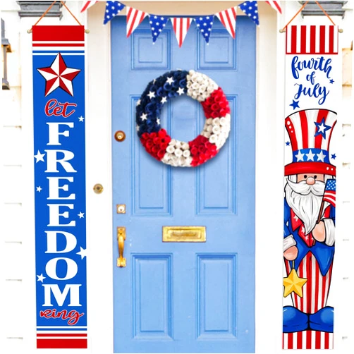 Deroro 4th of July Uncle Sam Patriotic Porch Banner Sign, Let Freedom Ring America Blue Front Door Decorative Hanging Welcome Banner Flag, Fourth of July American USA Decoration Home Outdoor Decor