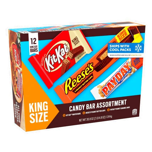 HERSHEY'S KIT KAT, PAYDAY and REESE'S Assorted Flavored King Size, Candy Variety Box, 36.8 oz