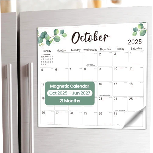 Taja Aesthetic 2025-2026 Magnetic Calendar for Refrigerator, 21-Month Fridge Calendar Magnet from October 2025 to June 2027, Greenery Design for Easy Organizing