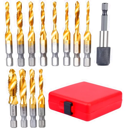 Homaisson 13pcs Drill Tap Bit Set, SAE/Metric Tap Drill Bit Combination Set with 1/4”Quick Change Hex Shank Adapter, Titanium Steel Drill Tap Bits for Drilling, Tapping, Countersinking