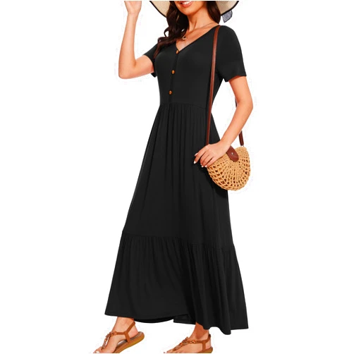 VIISHOW Women's Short Sleeve Maxi Dress 2026 Summer V Neck Knit Loose Plain Empire Waist Casual Dresses with Pockets