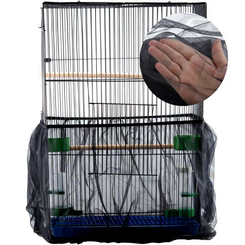 IFAMIO Bird Cage Seed Feather Catcher Adjustable Birdcage Covers Cage Skirt Large Nylon Mesh Netting Universal Bird Cage Net Cover Bird Seed Guard Skirt for Parrot Parakeet Macaw Black