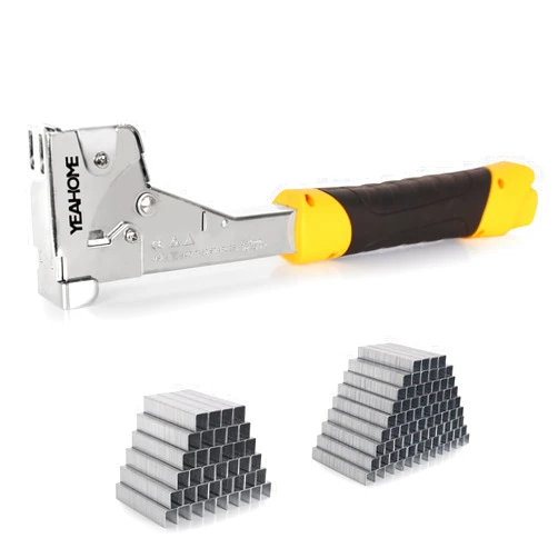 YEAHOME Heavy Duty Hammer Tacker with Anti-jam Magazine, Steel Construction Manual Hammer Stapler with 6000 T50 Staples of 1/2, 3/8 inches for Construction, Roofing, House Wrap, Insulation,Floor