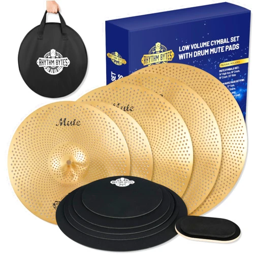 Rhythm Bytes Low Volume Cymbal Pack with Drum Silencer Pads | 12pcs Cymbal Set & Drum Mute Pads, Quiet Drum Set Cymbals 14
