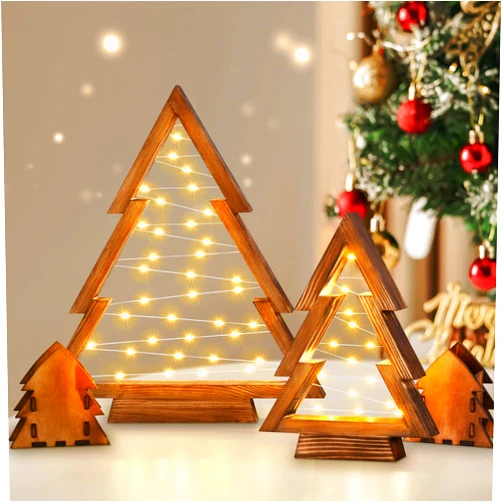 Dekoresyon Wooden Christmas Tree with Lights, 4 Pcs Table Top Christmas Tree Lighted Mini Wood Christmas Tree Decorations Indoor Modern Farmhouse Christmas Decor