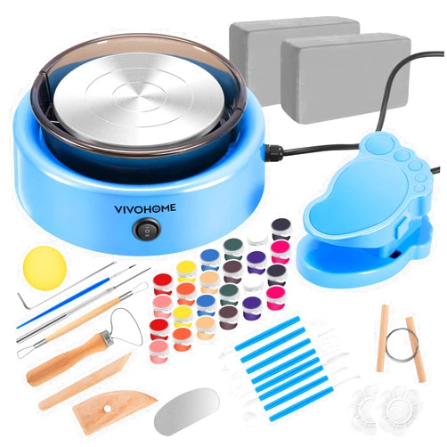 VIVOHOME Mini Pottery Wheel Machine Kit for Kids Beginners Adults, Electric Ceramic Wheel with Foot Pedal, Detachable Basin and Adjustable Speed, Tiny Clay Spinner DIY Tools for Art Craft, Blue