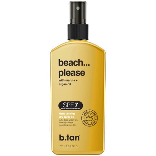 b.tan SPF 7 Deep Tanning Dry Spray | Beach... Please Tanning Oil - Get a Deep Bronze & Golden Tan, Deeply Nourishes Skin from Marula & Argan Oil, Hint of Self Tan, Vegan, Cruelty Free, 236ml